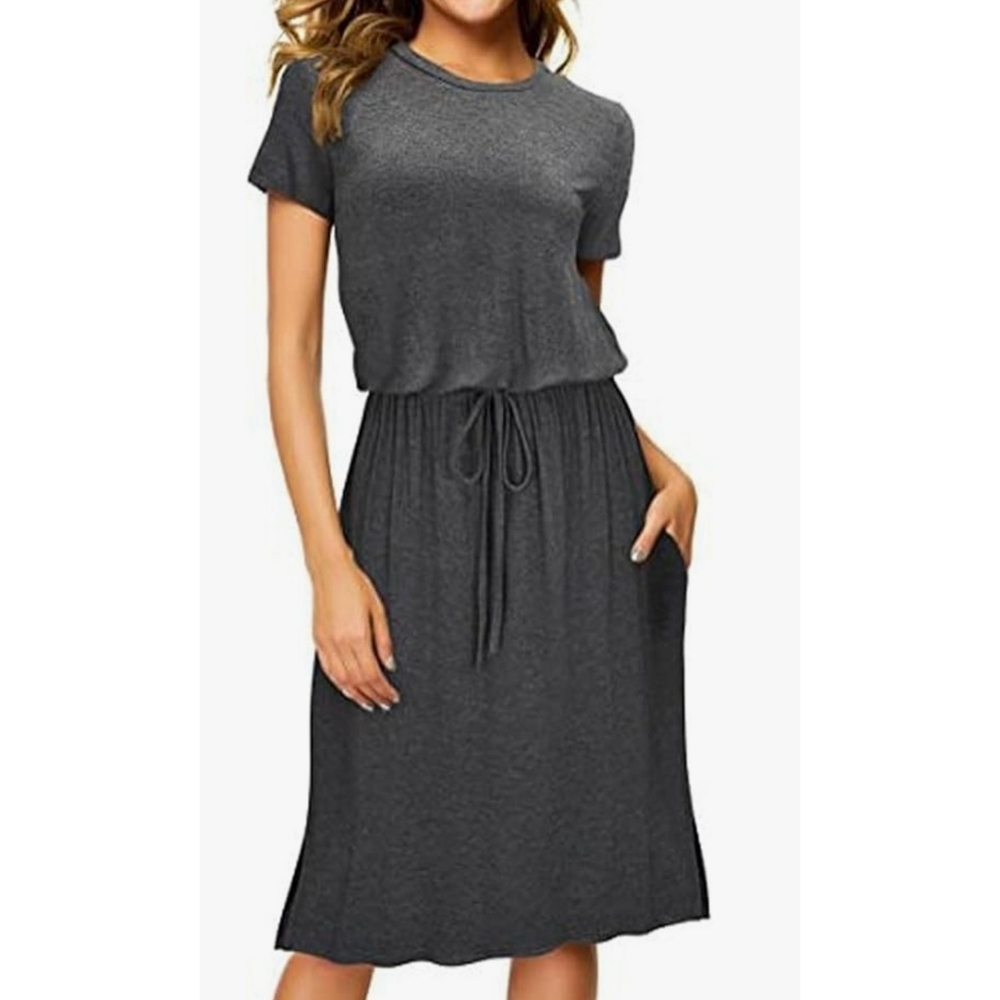 Simier Fariry Short Sleeve Crewneck Waist Tie Midi dress Dark Gray Size XL